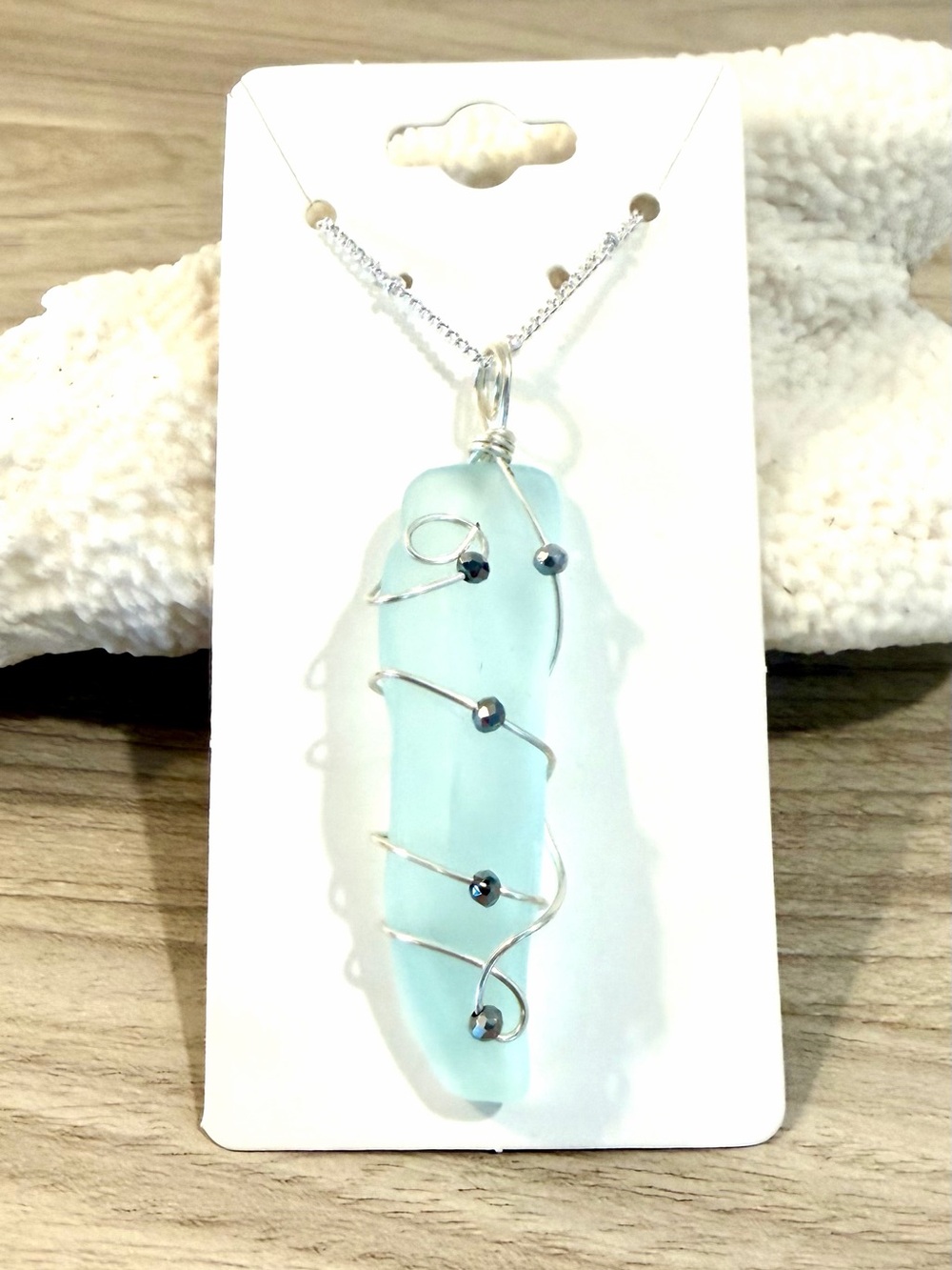 136. Sea Glass Pendant Necklace in Light Aqua with Silver Wire